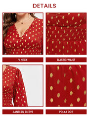 Polka Dot Print V-Neck Lantern Sleeve Midi Dress