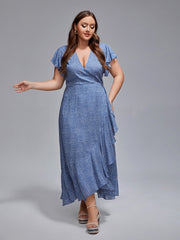 Plus Floral V-Neck Ruffle Sleeves Wrap Maxi Dress