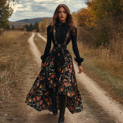 Women's Two-piece Bohemian Pastoral Suspender Floral Dress Autumn And Winter Retro Long Dress Two-piece Set