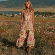 Vintage Pink Floral Patchwork Linen Tank Midi Dress