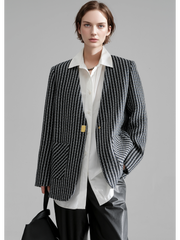 Nordic Striped Wool Blazer for Women – Elegant V-Neck Suit Jacket with Metal Buckle and Structured Shoulders, Fall Office Wear