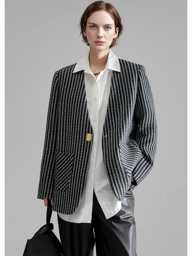 Nordic Striped Wool Blazer for Women – Elegant V-Neck Suit Jacket with Metal Buckle and Structured Shoulders, Fall Office Wear