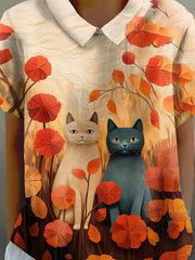 Women's Ombre Cat Flower Print Casual Cotton And Linen Shirt