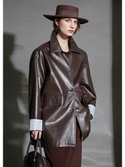 Brown Lambskin Leather Jacket for Women – Short Turn-Down Collar Biker Coat with Striped Cuffs, Chic Fall Outerwear