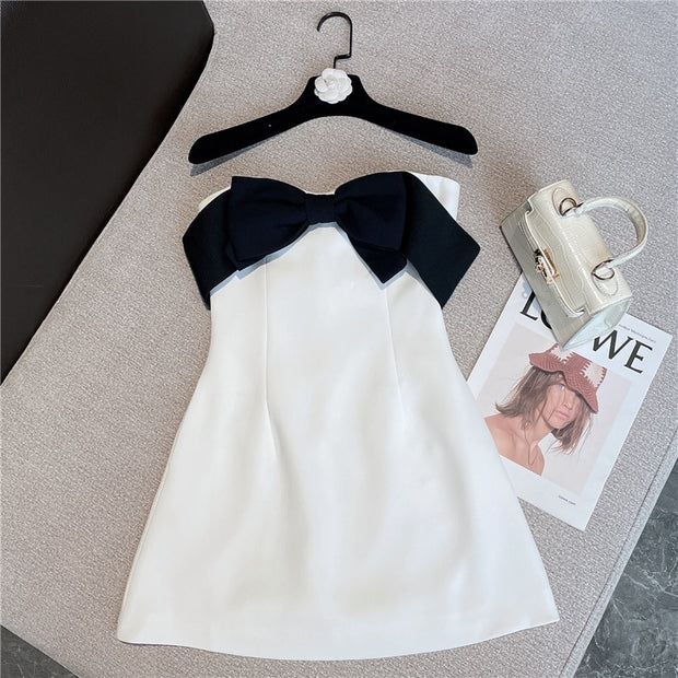 2022 Summer New Collection Sleeveless Black Bow Strapless High Waist White Slim Short Dress Women GE647