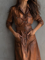 Chic Brown Eco Leather Button-Down Midi Shirt Dress
