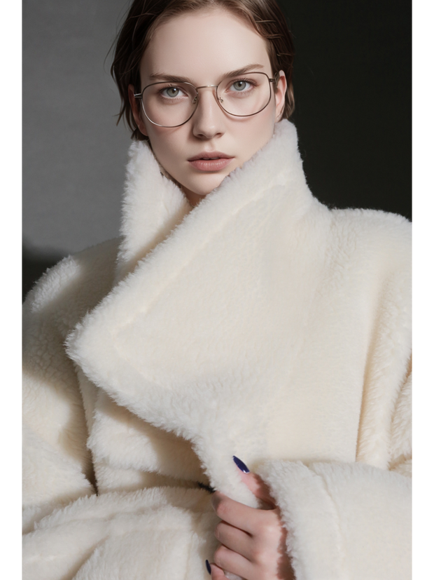 Luxury Teddy Wool Coat for Women – Double-Faced Wool Overcoat with Oversized Lapel, Warm Fuzzy Winter Jacket