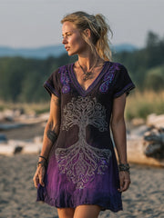 Vintage Viking Tree Of Life & Sequin Embroidery Women's Linen V-neck Mini Dress