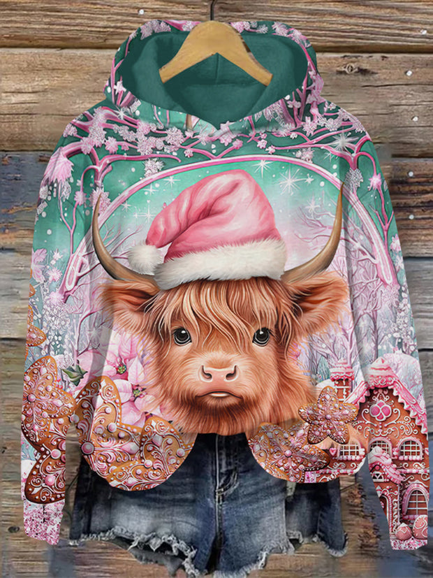 Highland Cow Christmas Print Casual Hoodie