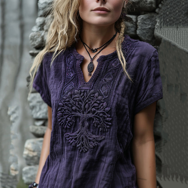 Vintage Viking Life Of Tree Celtic Embroidered Linen Blend Shirt