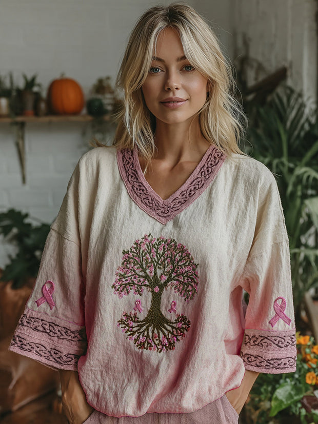 Women's Tree Of Life Pink Ribbon V-neck Half Sleeve T-shirt