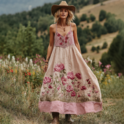 Love & Health Collection Retro Western Women Style Vintage Pink Striped And Floral Patchwork Art Linen Suspender Dress