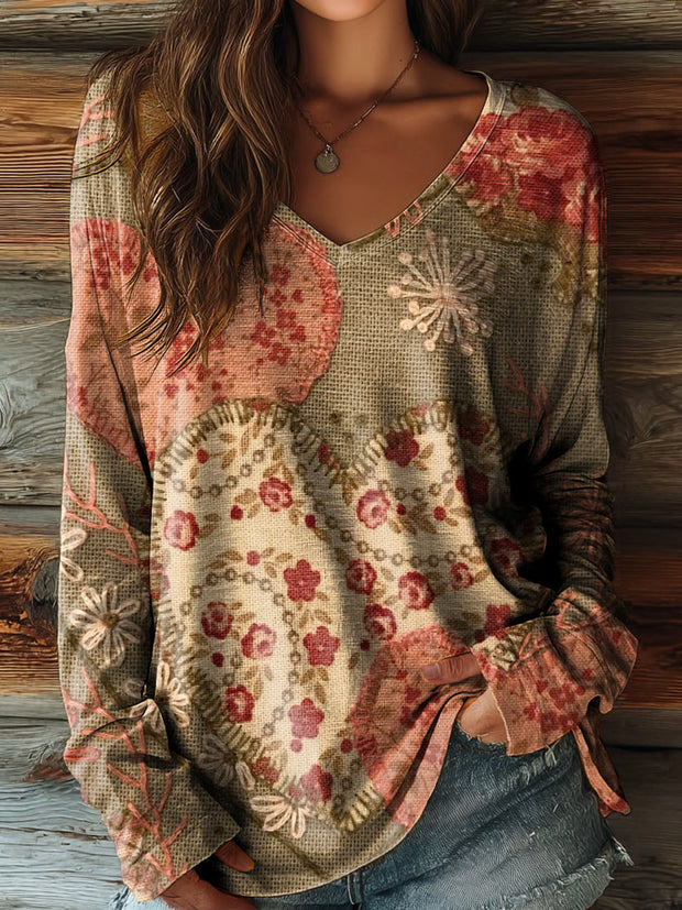 Women's Ethnic Heart Patchwork Art Pattern Print Casual V-neck Long Sleeve T-shirt