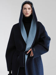 Elegant Double-Faced Tencel Wool Cape Coat for Women – Luxury Hooded Two-Tone Winter Outerwear