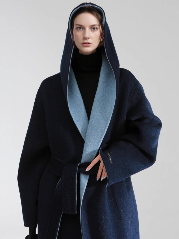 Elegant Double-Faced Tencel Wool Cape Coat for Women – Luxury Hooded Two-Tone Winter Outerwear