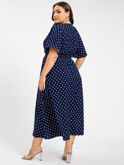 Plus Polka Dot Crisscross V-Neck Elastic Waist Ruffle Hem Maxi Dress