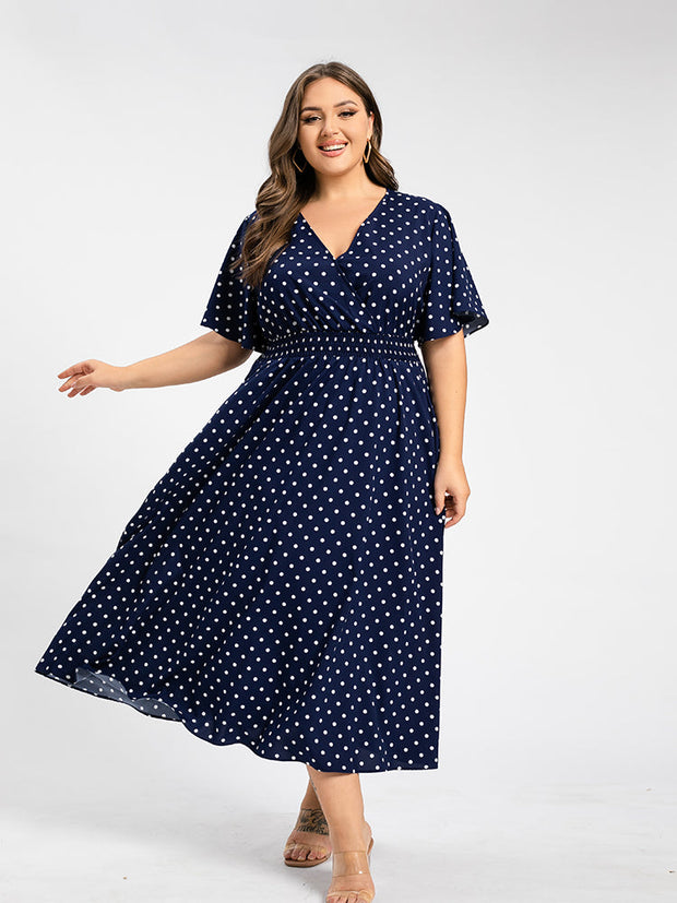 Plus Polka Dot Crisscross V-Neck Elastic Waist Ruffle Hem Maxi Dress