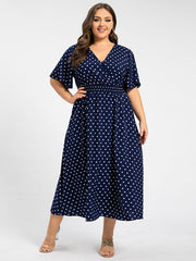 Plus Polka Dot Crisscross V-Neck Elastic Waist Ruffle Hem Maxi Dress