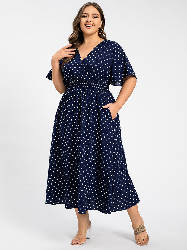 Plus Polka Dot Crisscross V-Neck Elastic Waist Ruffle Hem Maxi Dress