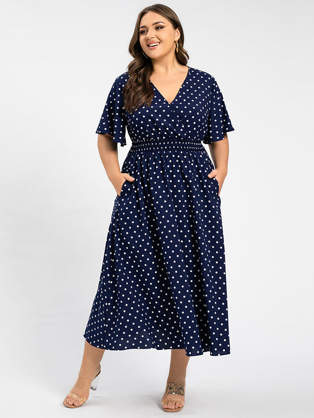 Plus Polka Dot Crisscross V-Neck Elastic Waist Ruffle Hem Maxi Dress