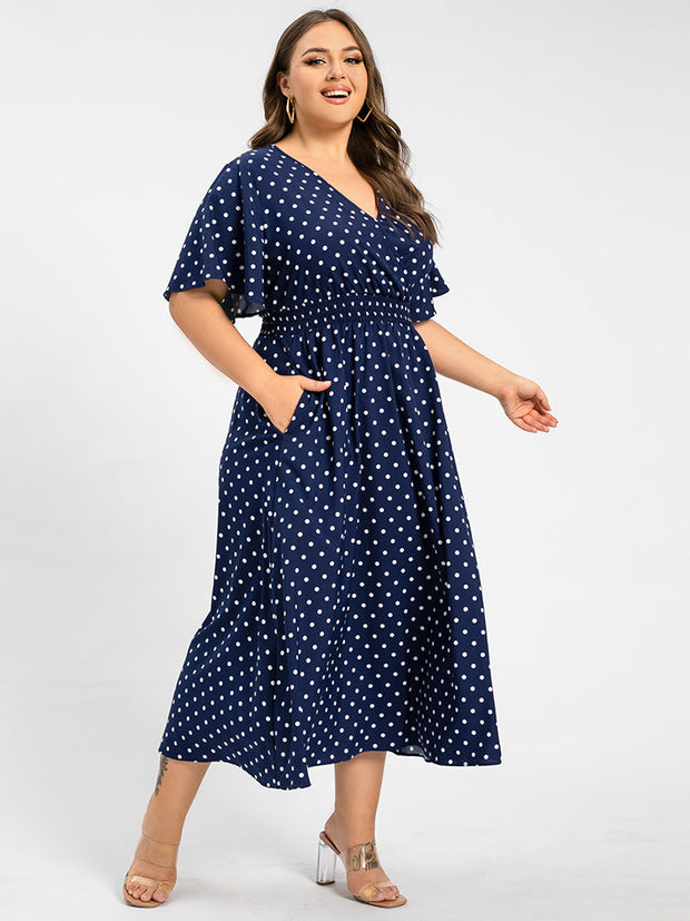 Plus Polka Dot Crisscross V-Neck Elastic Waist Ruffle Hem Maxi Dress