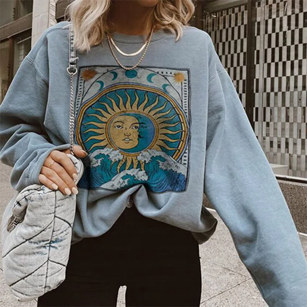 Women's Sun And Moon Print Retro Round Neck Sweatshirt