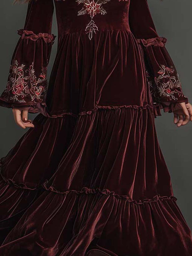Velvet Bohemian Embroidered Maxi Dress