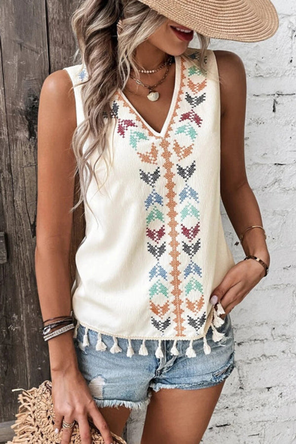 JUST BE YOU BOHO EMBROIDERED TASSEL SLEEVELESS TOP - 4 COLORS