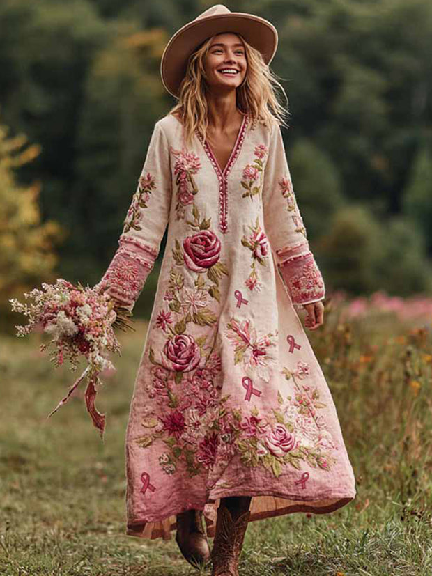 Classy Classy Gradient Pink Roses Cancer Awareness Ribbon Embroidered Linen Maxi Dress
