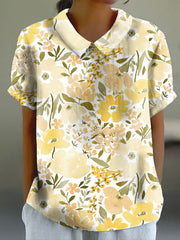 Women's Yellow Floral Print Casual Cotton And Linen Short Sleeve Shirt