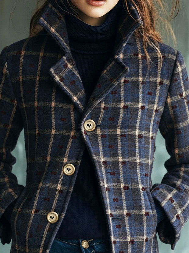 Vintage Plaid Pattern Wool & Velvet Flocked Bow Jacket