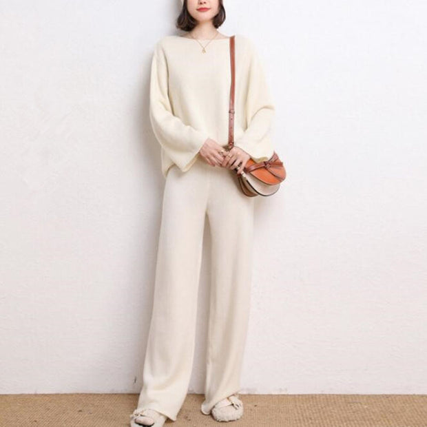 Ladies high waist wide leg pants solid color knitted suit