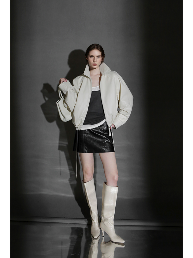 Women’s Short Moto Leather Jacket with Small Notch Collar and Cinched Hem – Spring/Fall Leather Biker Jacket