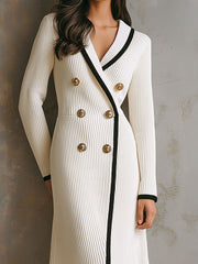 Elegant Ribbed Knit Blazer-Inspired Gold Buttons Midi Dress