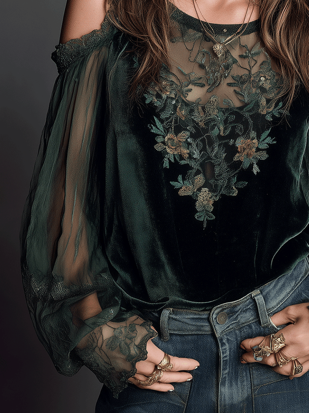 Romantic Embroidered Emerald Green Velvet Blouse