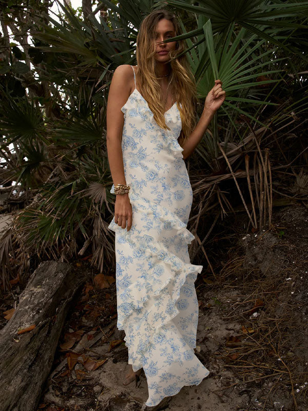 V neck frill maxi dress