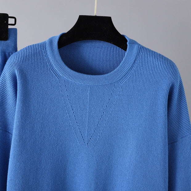 Solid color crew neck sweater knitted two-piece set