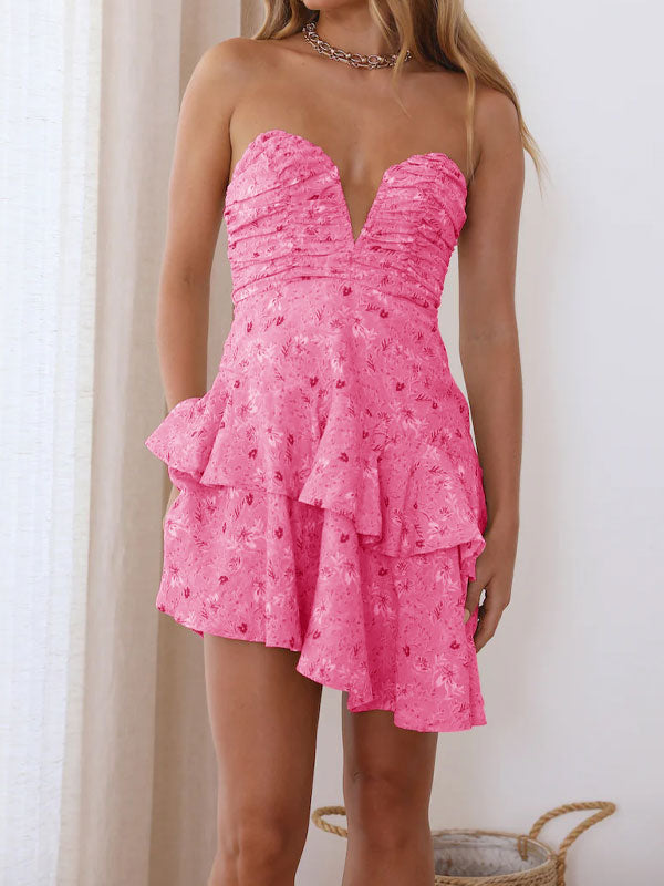 V neck ruffle printing dress