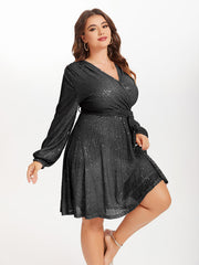 V-Neck Lantern Sleeve Belted Sequin Dress