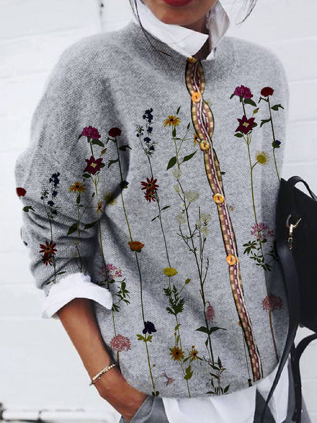 Fashion Brushed Floral Print Long Sleeve Cardigan