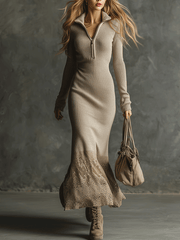 Elegant Zip-Neck Beige Knitted Maxi Dress