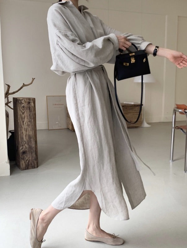 Lantern Long Sleeved Solid Color Waist Shirt Maxi Dress