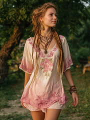 Women's Vintage Rose Floral Patch V-neck T-shirt