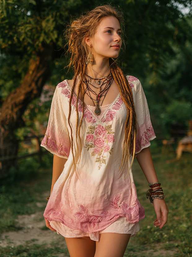 Women's Vintage Rose Floral Patch V-neck T-shirt