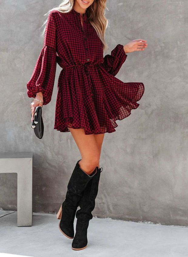 Autumn And Retro Winter Elegant Plaid Shirt Splicing Fake Two-piece Dress