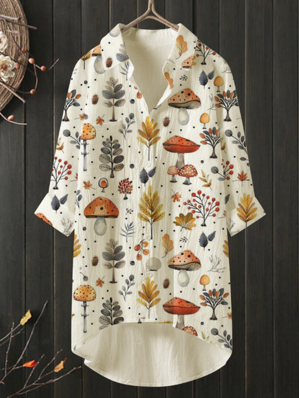 Printed Lapel Long-Sleeved Loose With Irregular Hem Shirt