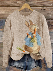 Cute Bunny Embroidery Art Cozy Knit Sweater