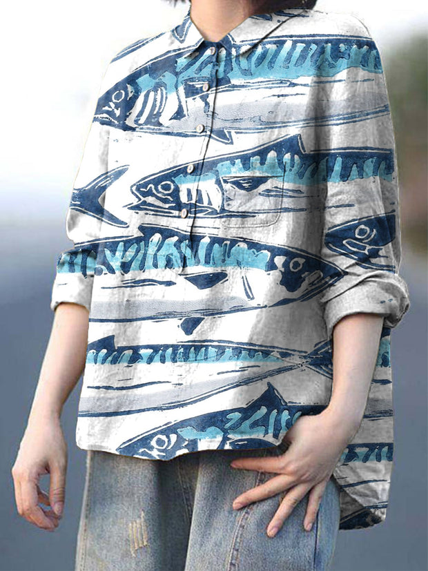 Women's Fish Art Print Casual Cotton And Linen Shirt