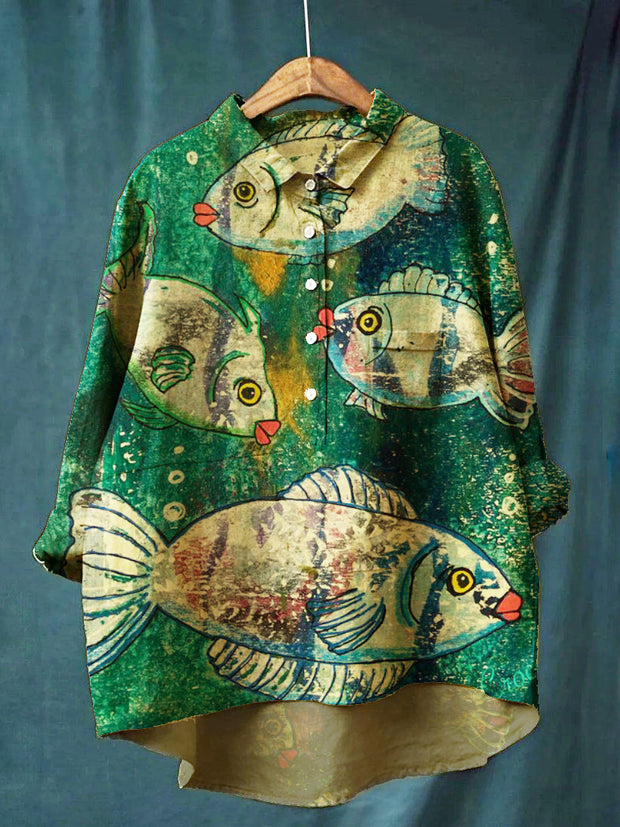 Women's Art Fish Casual Cotton And Linen Shirt