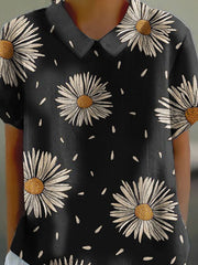 Women's Daisy Floral Print Casual Cotton And Linen Shirt